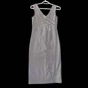 🆕 Le Chateau White & Black Striped Wrap Style Top Stretchy Pencil Dress-Size S